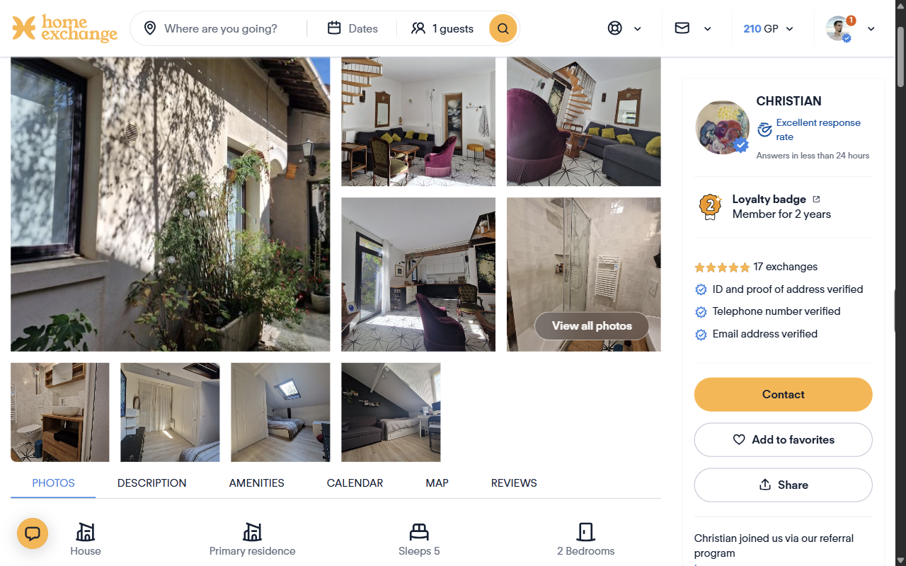 A HomeExchange listing page showing the expanded photo grid added by the extension.