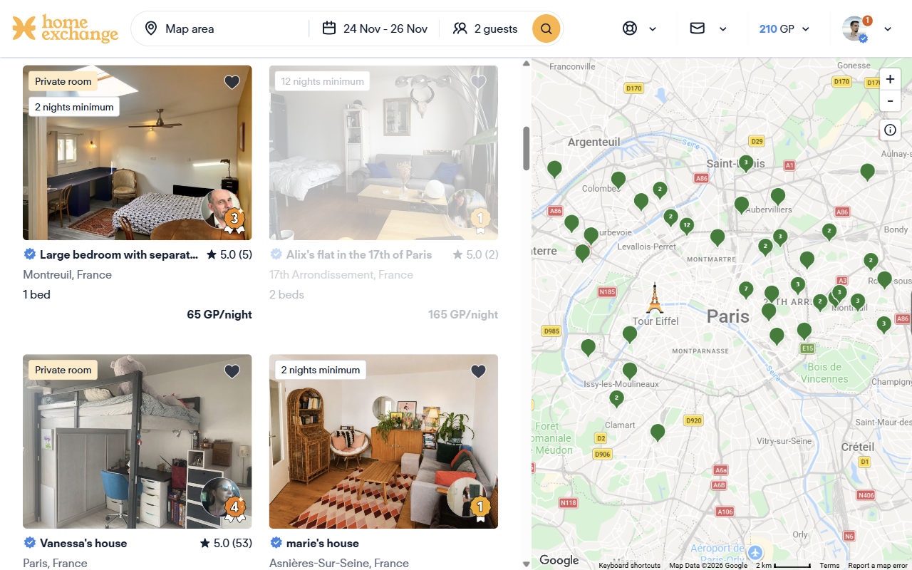 HomeExchange map search results with colour-coded availability markers on the map.